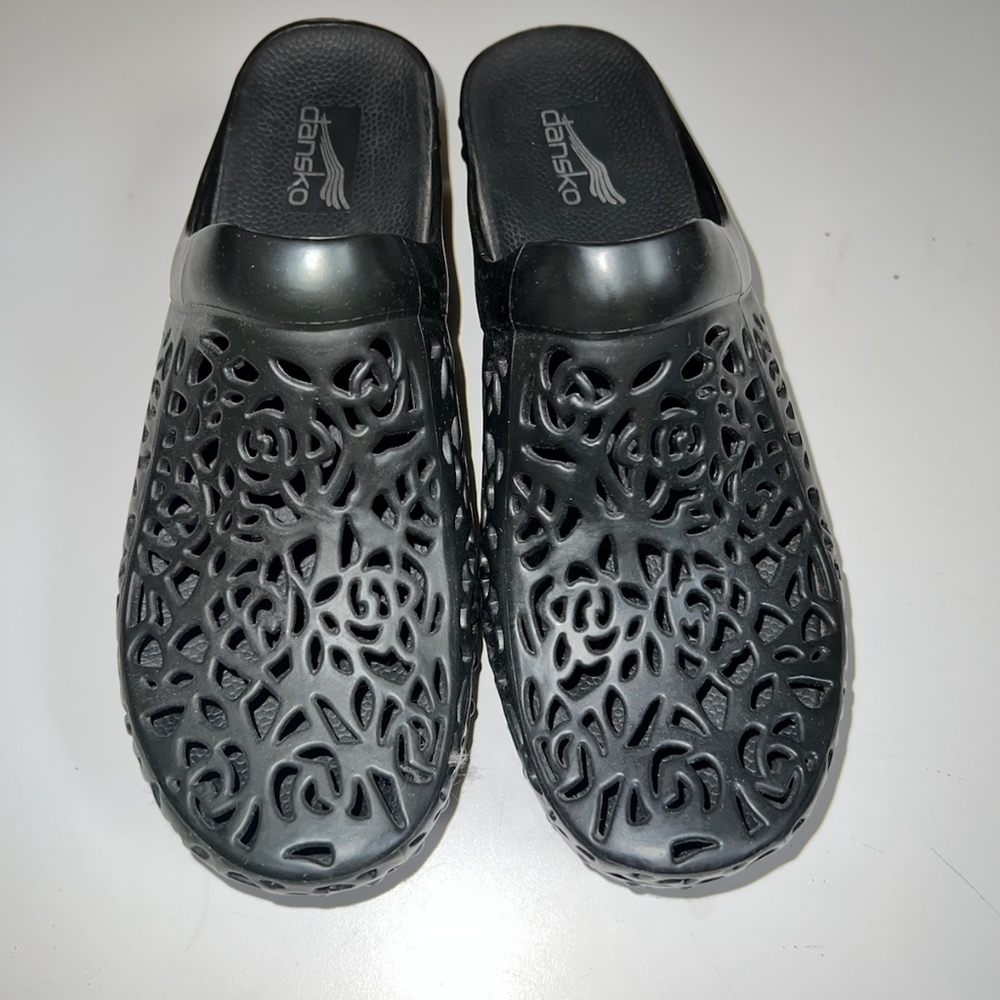Dansko floral clogs black rubber cut out